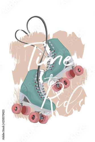 Blue roller skates decorated with laces in form of heart on pink background. Sport poster. Hand drawn vector.