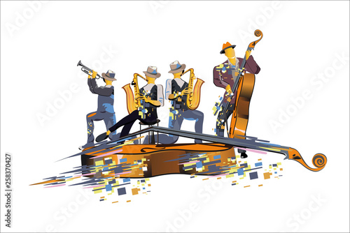 Abstract colorful Musicians at the party. Jazz band. Hand drawn vector illustration.