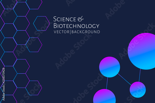 Modern background with hexagons, chemical bonds, molecules pattern. Medicine, science, biotechnology, pharmacology innovation concept. Place for text. Dark backdrop. Vector EPS 10 illustration..