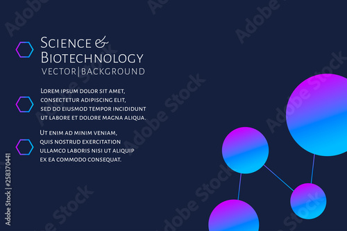 Modern background with hexagons, chemical bonds, molecules pattern. Medicine, science, biotechnology, pharmacology innovation concept. Place for text. Dark backdrop. Vector EPS 10 illustration..