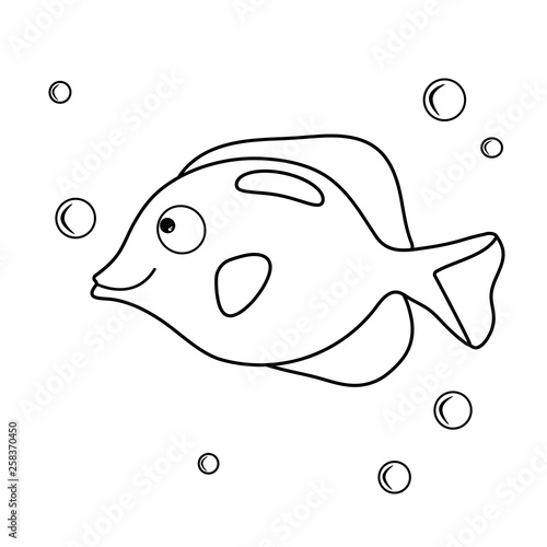 Cartoon aquarium fish. Coloring book with inhabitants sea. Vector character and water bubbles. A simple game for kids. Ocean page Print and paint