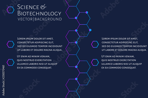 Modern background with hexagons, chemical bonds, molecules pattern. Medicine, science, biotechnology, pharmacology innovation concept. Place for text. Dark backdrop. Vector EPS 10 illustration..