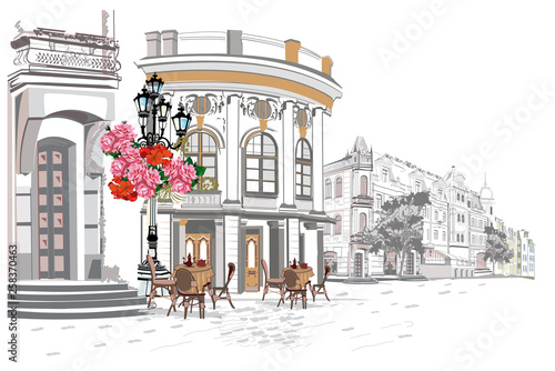 Series of backgrounds decorated with flowers, old town views and street cafes.    Hand drawn vector architectural background. 