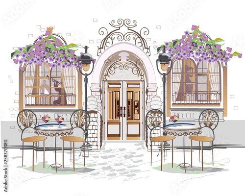 Series of backgrounds decorated with flowers, old town views and street cafes.    Hand drawn vector architectural background. 