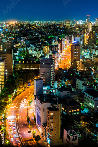 Aerial view of road in Tokyo city, cityscape skyline.