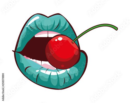 sexy female lips with cherries fruit pop art style
