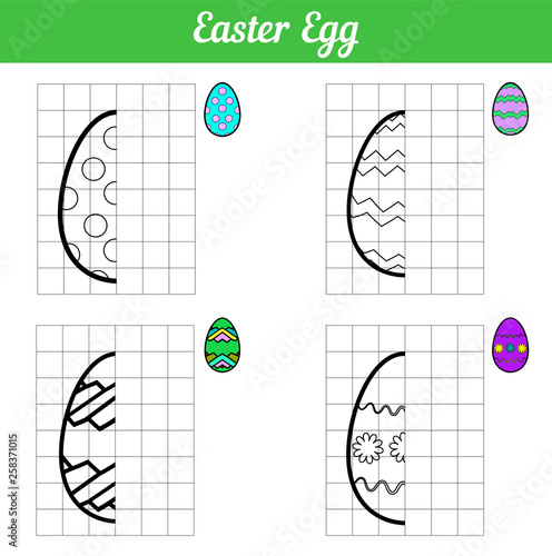 Easter Egg game copy the picture. Four Coloring book page for kids. Vector Illustration with contour grid. Egg with simple ornament and sample painted. Separated on layers