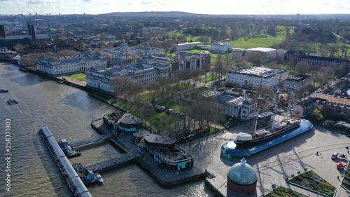 Aerial drone photo of famous Cutty Sark the only tea clipper survived and used as a museum next to Greenwich pier in the heart of London, United Kingdom