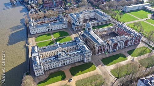 Aerial bird's eye view photo taken by drone of iconic Greenwich University and Park of Greenwich, London, United Kingdom © aerial-drone