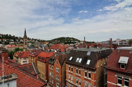 View of the old town of Stuttgart with a church at a square in the south of the city