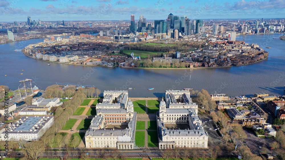 Aerial bird's eye view photo taken by drone of iconic Greenwich University and Park of Greenwich, London, United Kingdom