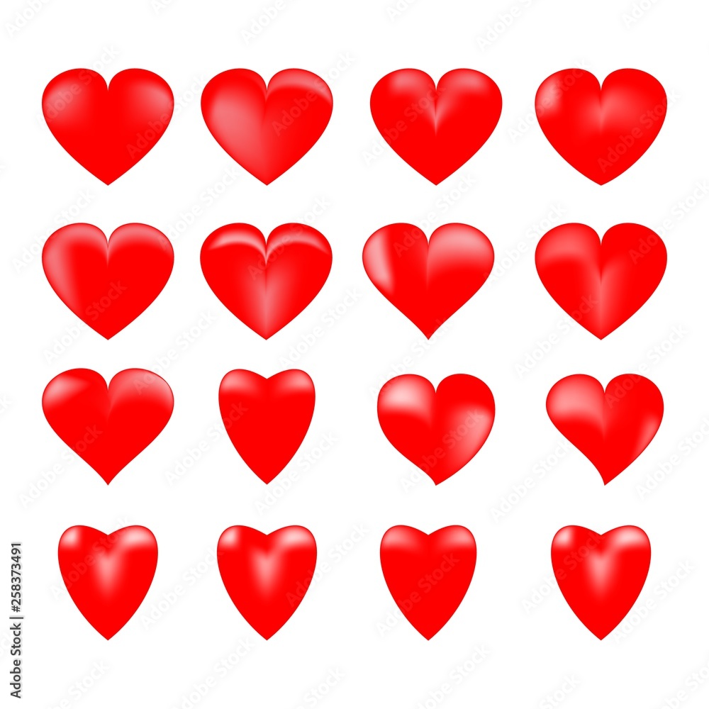 Heart 3D set. Red sign on white background. Romantic decoration silhouette symbol linked, join, love, passion and wedding. Colorful mark of valentine day. Design modern element. Vector illustration. Heart 3D set. Red sign on white background. Romantic decoration silhouette symbol linked, join, love, passion and wedding. Colorful mark of valentine day. Design modern element. Vector illustration.