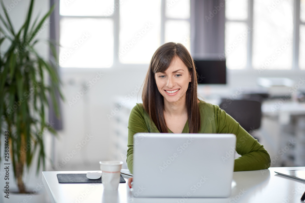 Beautiful smiling Caucasian businesswoman sitting in modern office and using laptop. Beautiful smiling Caucasian businesswoman sitting in modern office and using laptop.