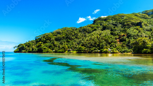 View of the mountain in the lagoon Huahine, French Polynesia.