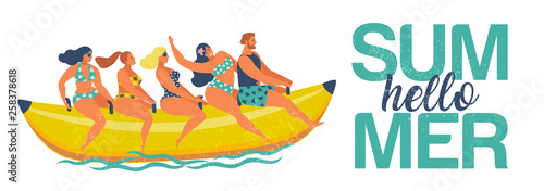 Summer water fun. Man and women ride on a banana boat. Hello summer. Vector illustration of a flat design.