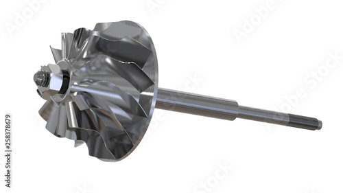 Turbine with blades disassembled. Turbine shaft. Clipping path. 3D rendering photo