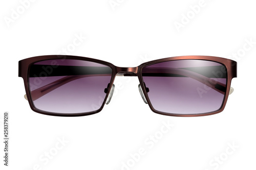 Stylish unisex metal sunglasses on a white background. Front view. 