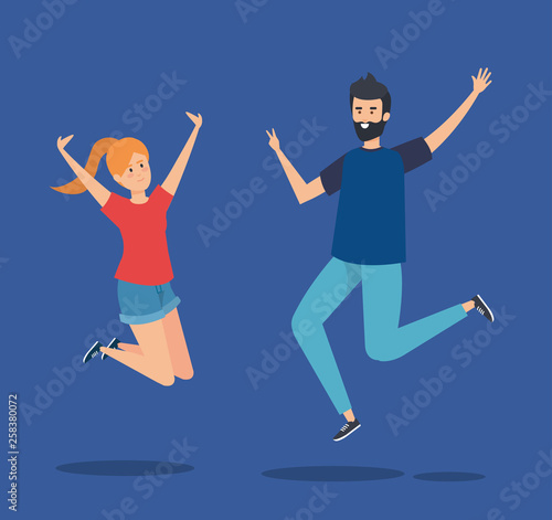 happy girl and boy jumpin with hands up