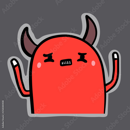 Red devil hand drawn sticker illustration in cartoon style