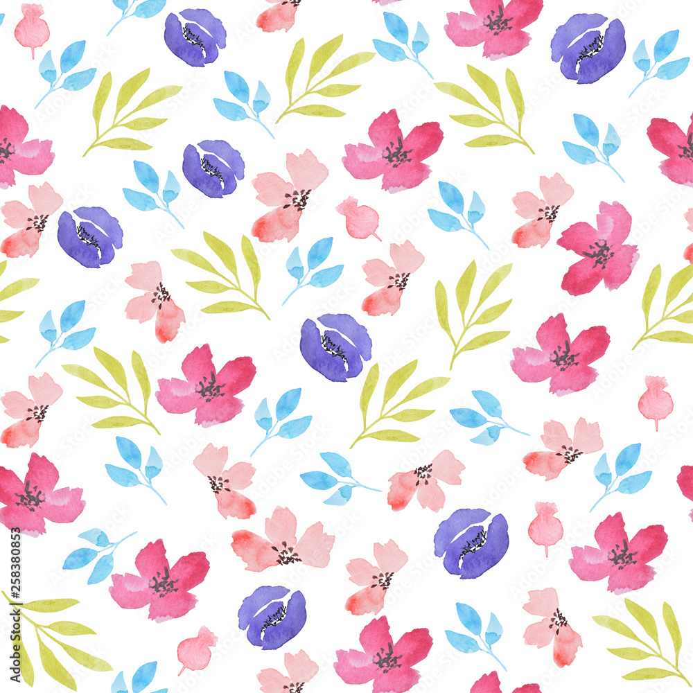 Wildflowers watercolor seamless pattern. Roses and leaves print