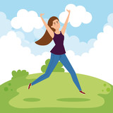 happy woman jumping with blouse and jean