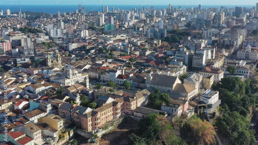 Aerial view of cityscape of Salvador (capital of Bahia), historic city center (Pelourinho) in foreground, modern city skyline in background - landscape panorama of Brazil from above, South America Aerial view of cityscape of Salvador (capital of Bahia), historic city center (Pelourinho) in foreground, modern city skyline in background - landscape panorama of Brazil from above, South America