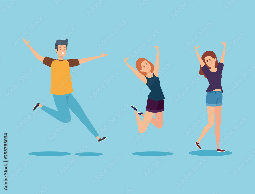set happy boy and girls jumping with casual clothes set happy boy and girls jumping with casual clothes