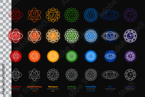 Chakras set - symbols of energy centers of human body used in Hinduism, Buddhism and Ayurveda. Vector Muladhara, Swadhisthana, Manipura, Anahata, Vishuddha, Ajna, Sahasrara