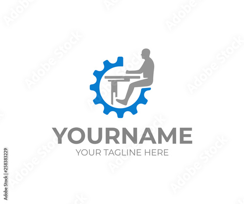 Workplace logo design. Worker sits at the table in the gear wheel vector design. Freelancer logotype