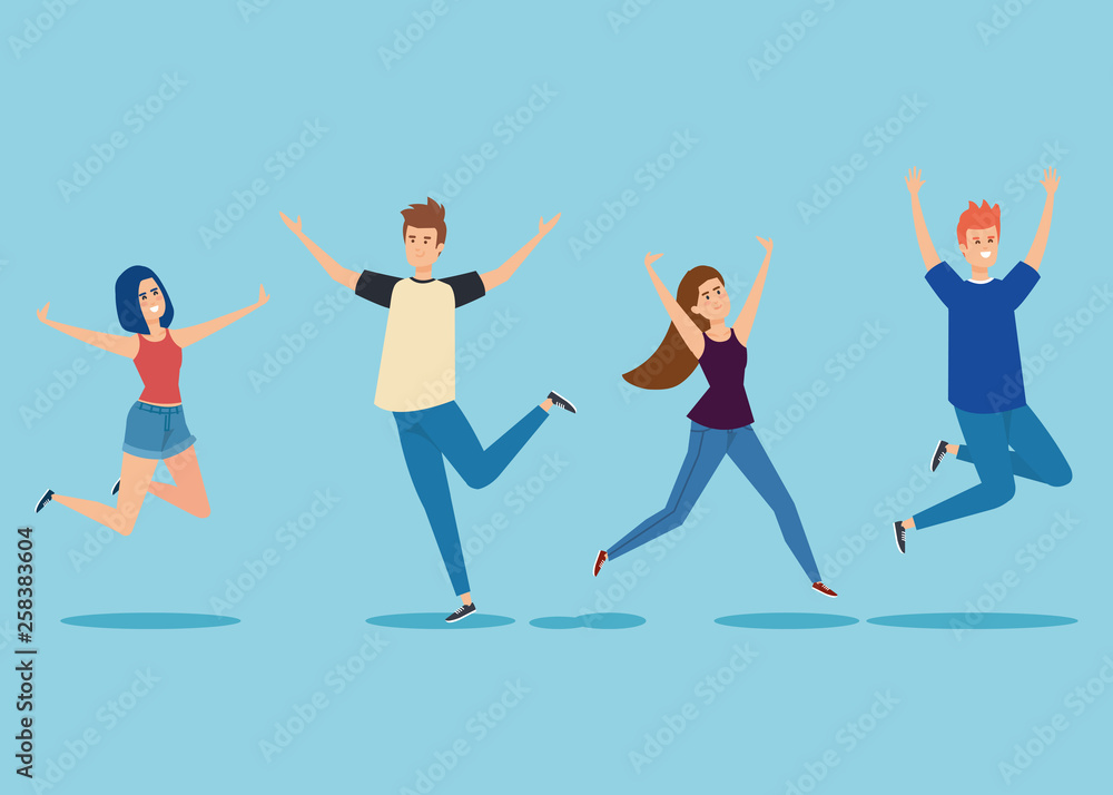 set girls and boys jumping with hands up set girls and boys jumping with hands up