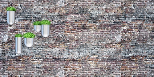 Old brick wall with hanging plants 3D illustration