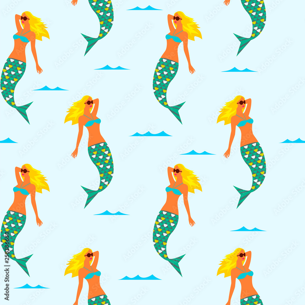 Obraz premium Seamless background with mermaids. Template for fabric, wrapping paper, backgrounds.