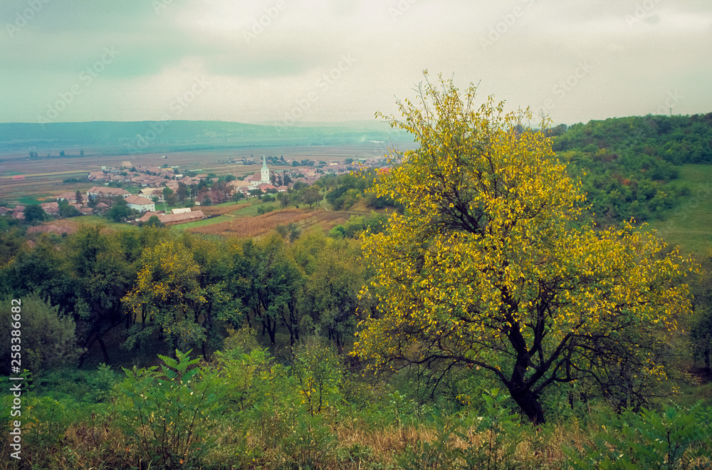 Fototapeta premium Autumn view of the village of Curteni, close to the city of Targu Mures in Transylvania, Romania.