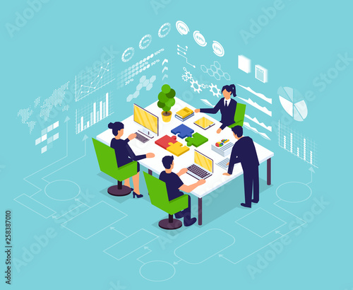 Isometric vector of businesspeople team managing new project with success.