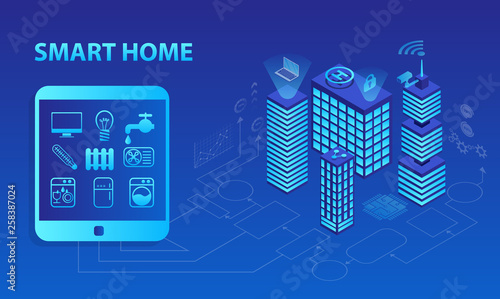 Vector of cityscape and intelligent buildings controlled via computer app.