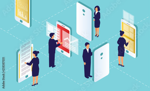 Vector of businesspeople using smartphones and networking