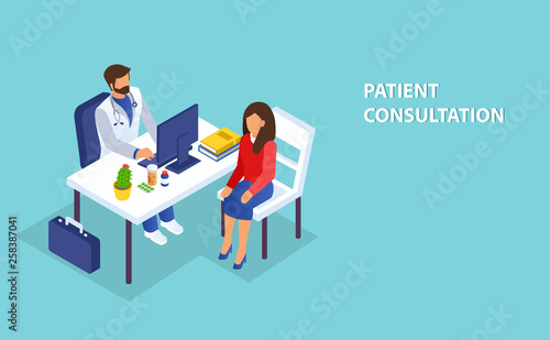  Isometric vector of a doctor consulting a female patient in clinic office.