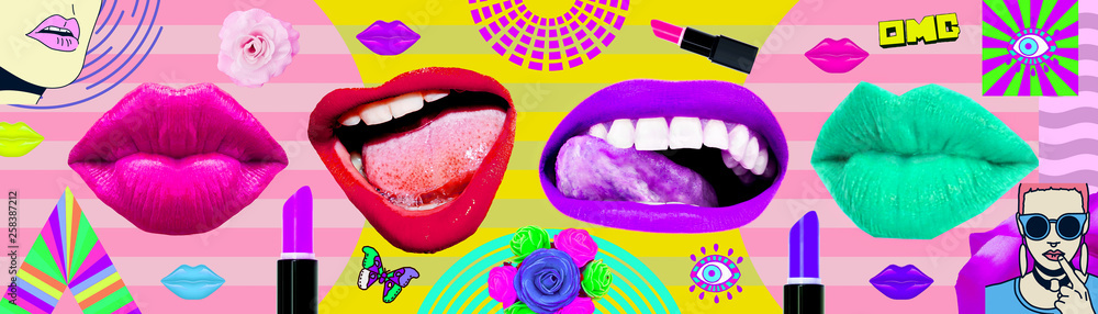 Fototapeta Contemporary zine art collage. Lips. Fashion Lipstick concept