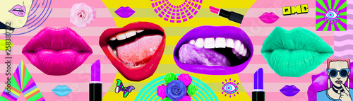 Fototapeta Contemporary zine art collage. Lips. Fashion Lipstick concept
