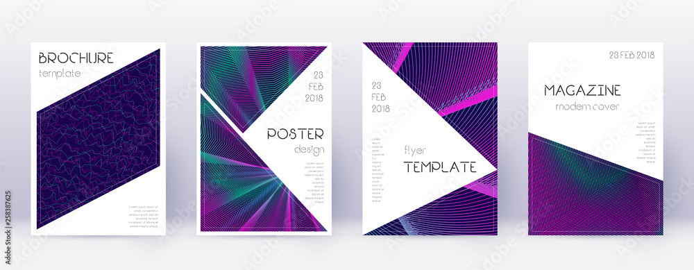 Triangle brochure design template set. Neon abstra