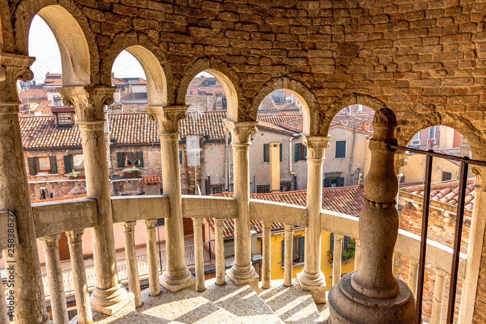 Italy, Venice, spiral staircase of Palazzo Contarini, view and details.