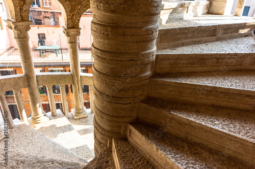 Italy, Venice, spiral staircase of Palazzo Contarini, view and details.
