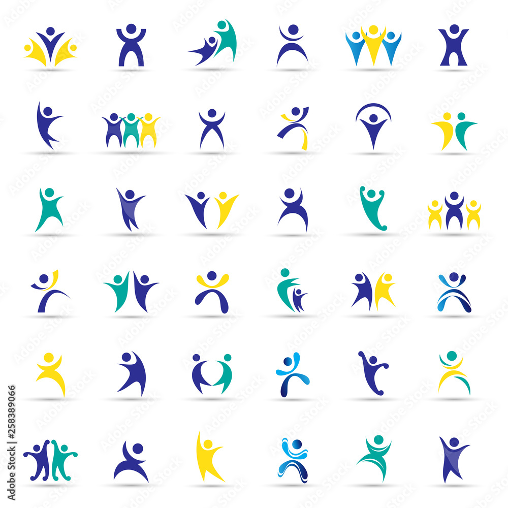 Fototapeta premium Abstract Logo Set. Human Character Figure Isolated On Gray Background. Icons Of Success, Celebration, Achievement And Activity. Vector Illustration Of People Logo, Graphic Design