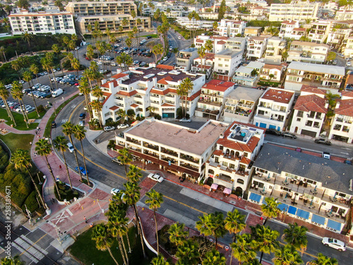 Aerial view of San Clemente city and coastline cliff before sunset time. San Clemente city in Orange County, California, USA. Travel destination in the South West coast. Wealthy villas area.