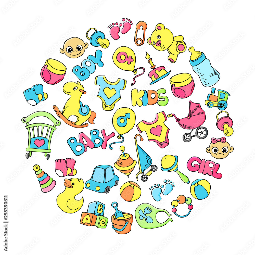 Newborn infant themed cute doodle set. Baby care, feeding, clothing, toys, health care stuff, safety, accessories. Vector drawings isolated Newborn infant themed cute doodle set. Baby care, feeding, clothing, toys, health care stuff, safety, accessories. Vector drawings isolated