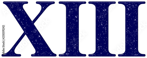 Roman numeral 13, thirteen, star sky texture imitation, isolated on white background, 3d render