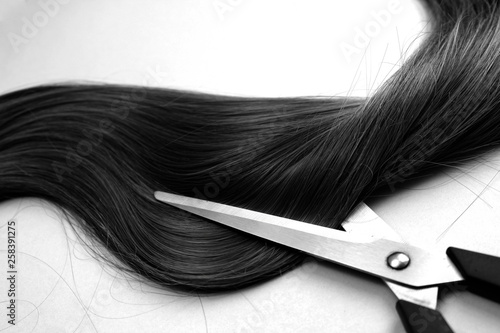 Strand of hair lie with scissors to cut