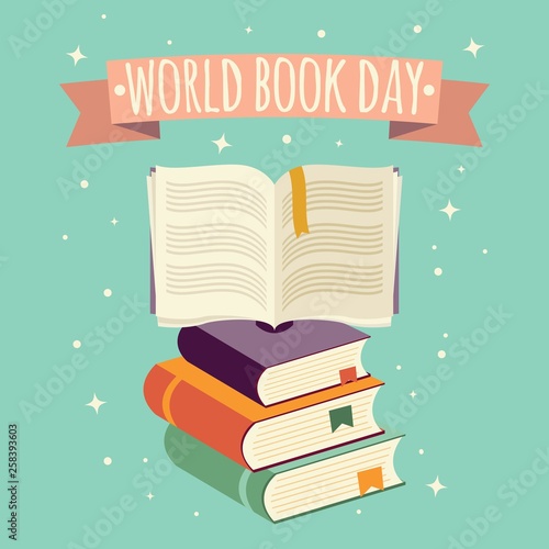 World book day, open book with festive banner and stack of books