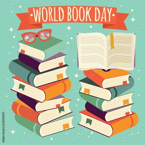 World book day, open book on stack of books with glasses on mint background