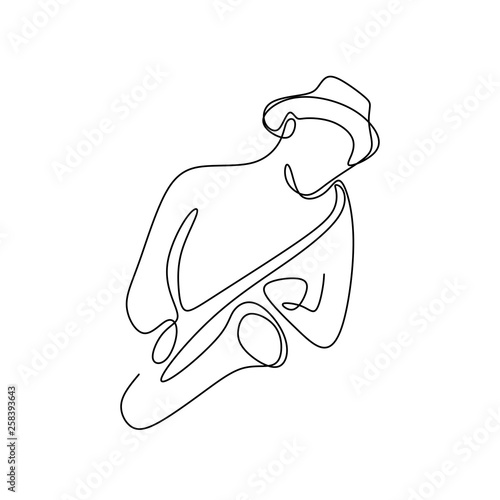 continuous line drawing of jazz musicians playing trumpet music instruments.